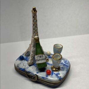 Limoges Eiffel Tower Trinket Box with Champagne and Glasses